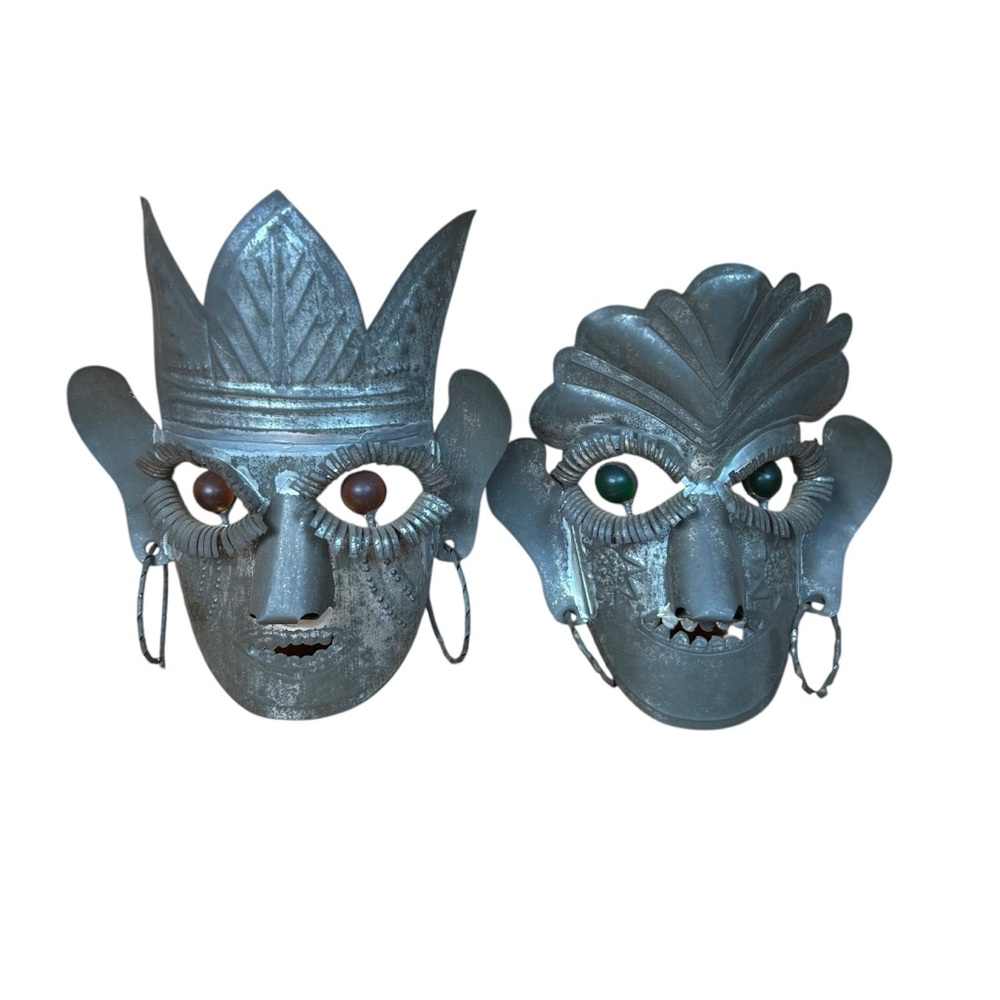 Folk Art Tin Metal Face Masks Taxco Caribbean Wall Hanging Pair Handcrafted